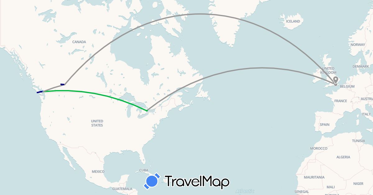 TravelMap itinerary: driving, bus, plane, boat in Canada, United Kingdom (Europe, North America)
